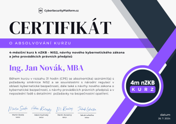 Certifikát o absolvování 4měsíčního kurzu k novému kybernetickému zákonu.